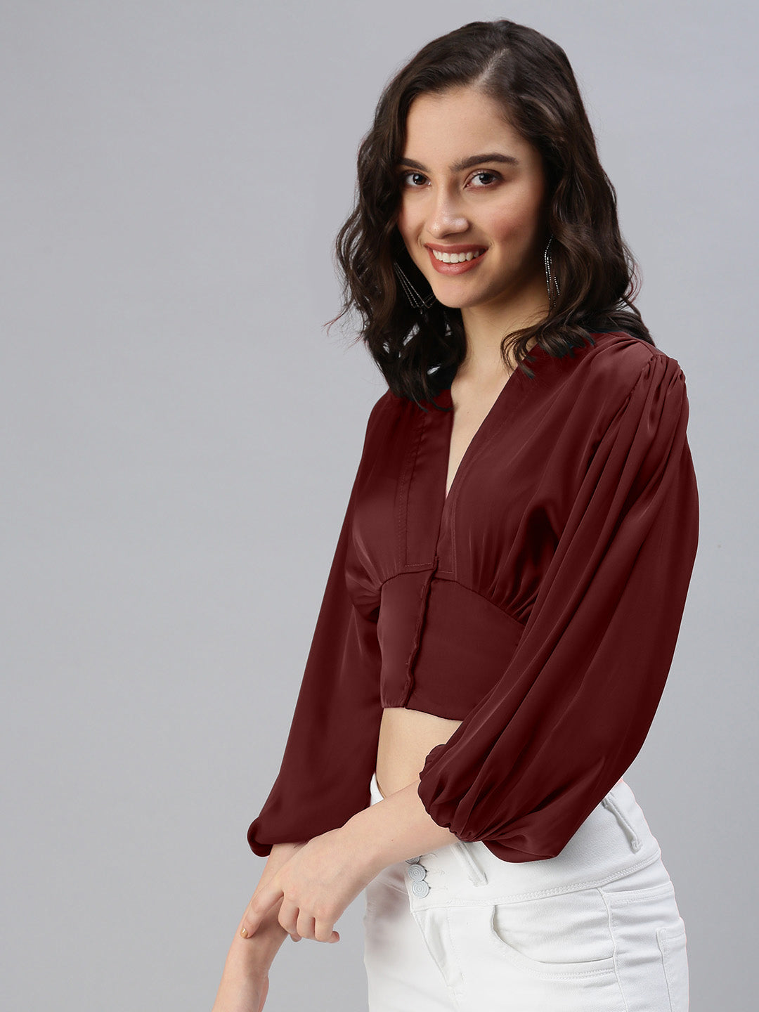 Women's Solid V-Neck Maroon Crop Top