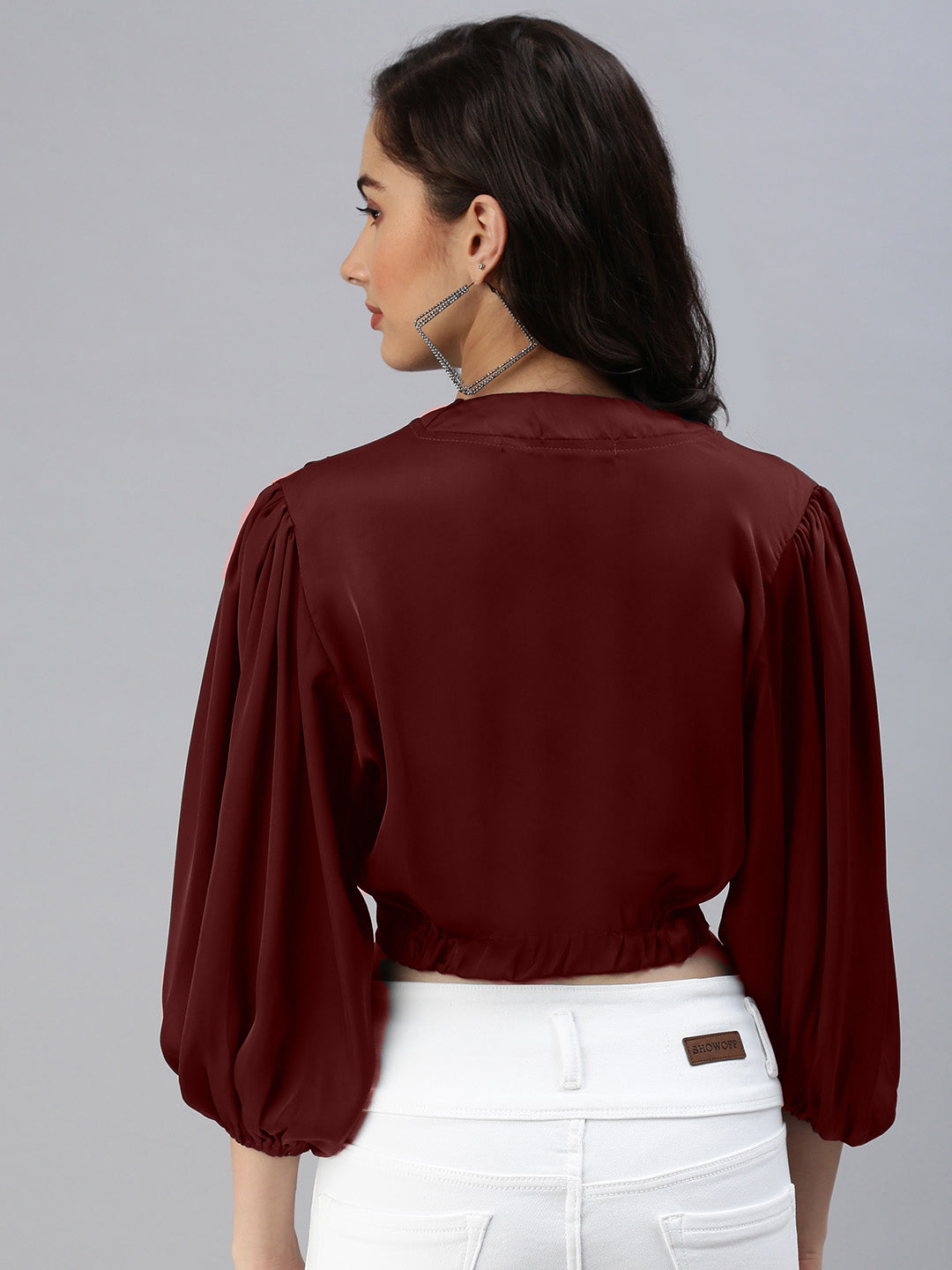 Women's Solid V-Neck Maroon Crop Top