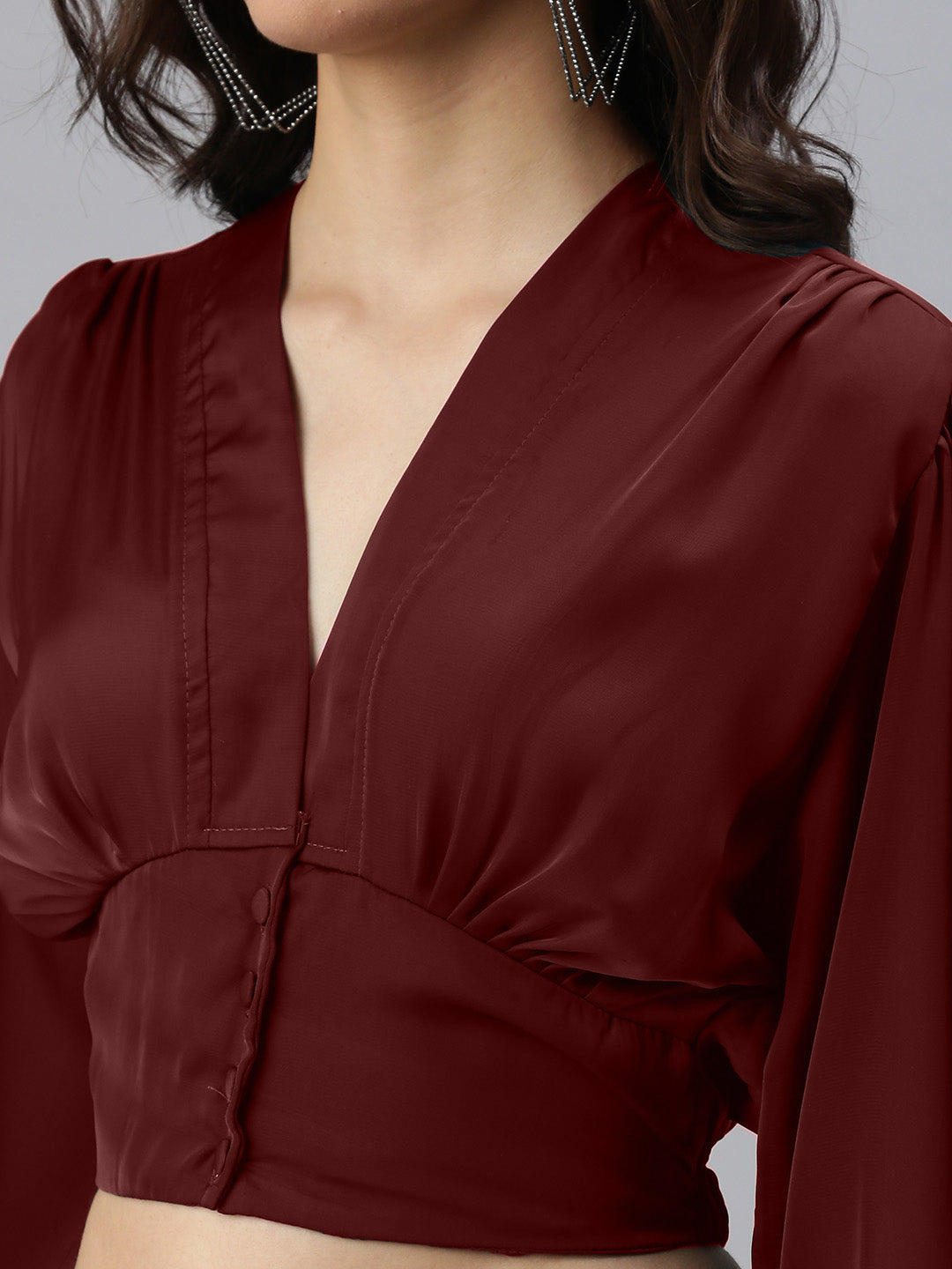Women's Solid V-Neck Maroon Crop Top