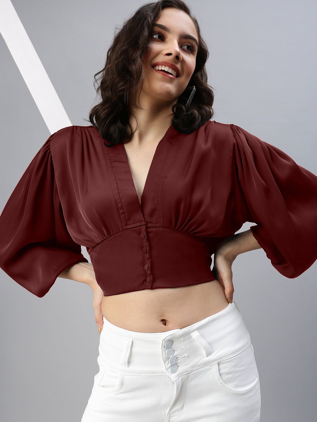 Women's Solid V-Neck Maroon Crop Top