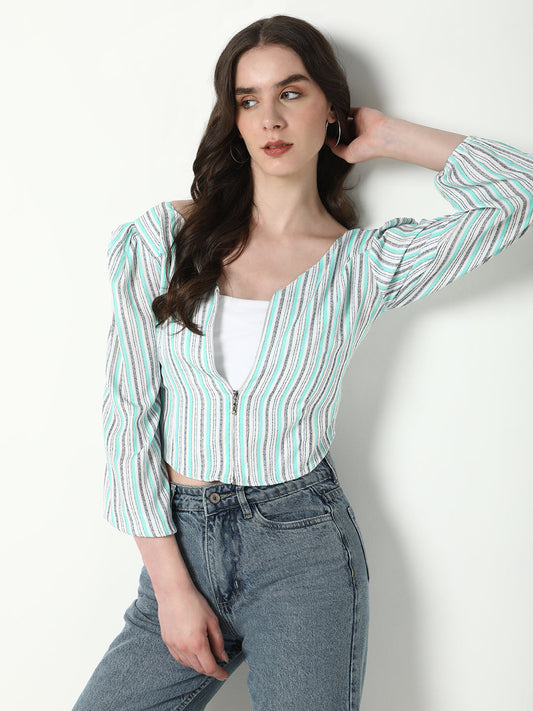 Women's Green Striped Puff Sleeve Crop Top