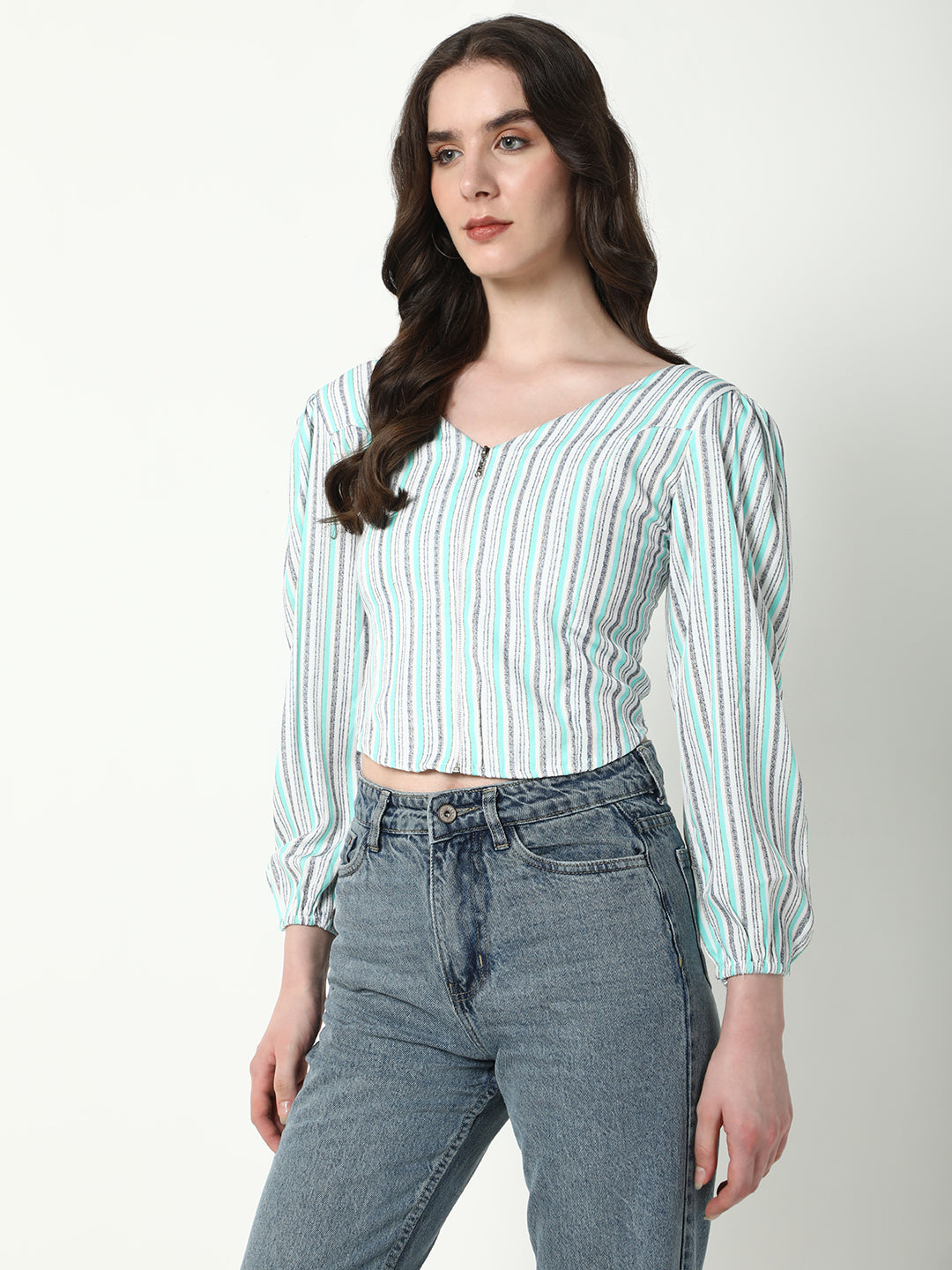 Women's Green Striped Puff Sleeve Crop Top