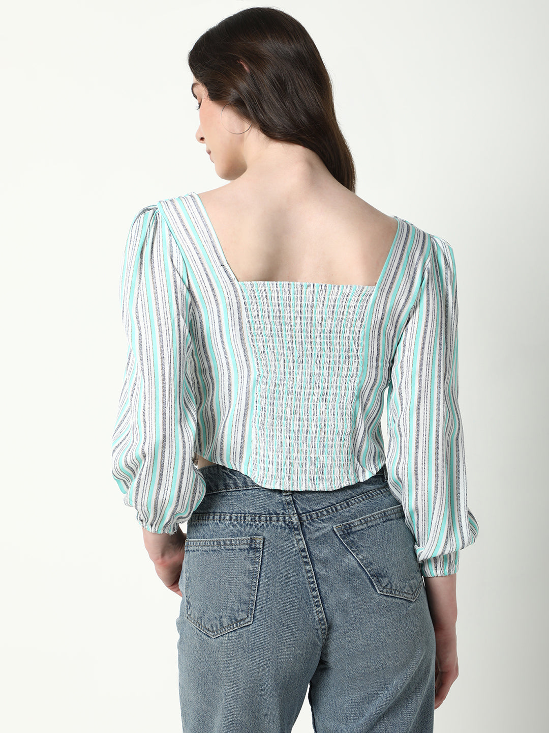 Women's Green Striped Puff Sleeve Crop Top