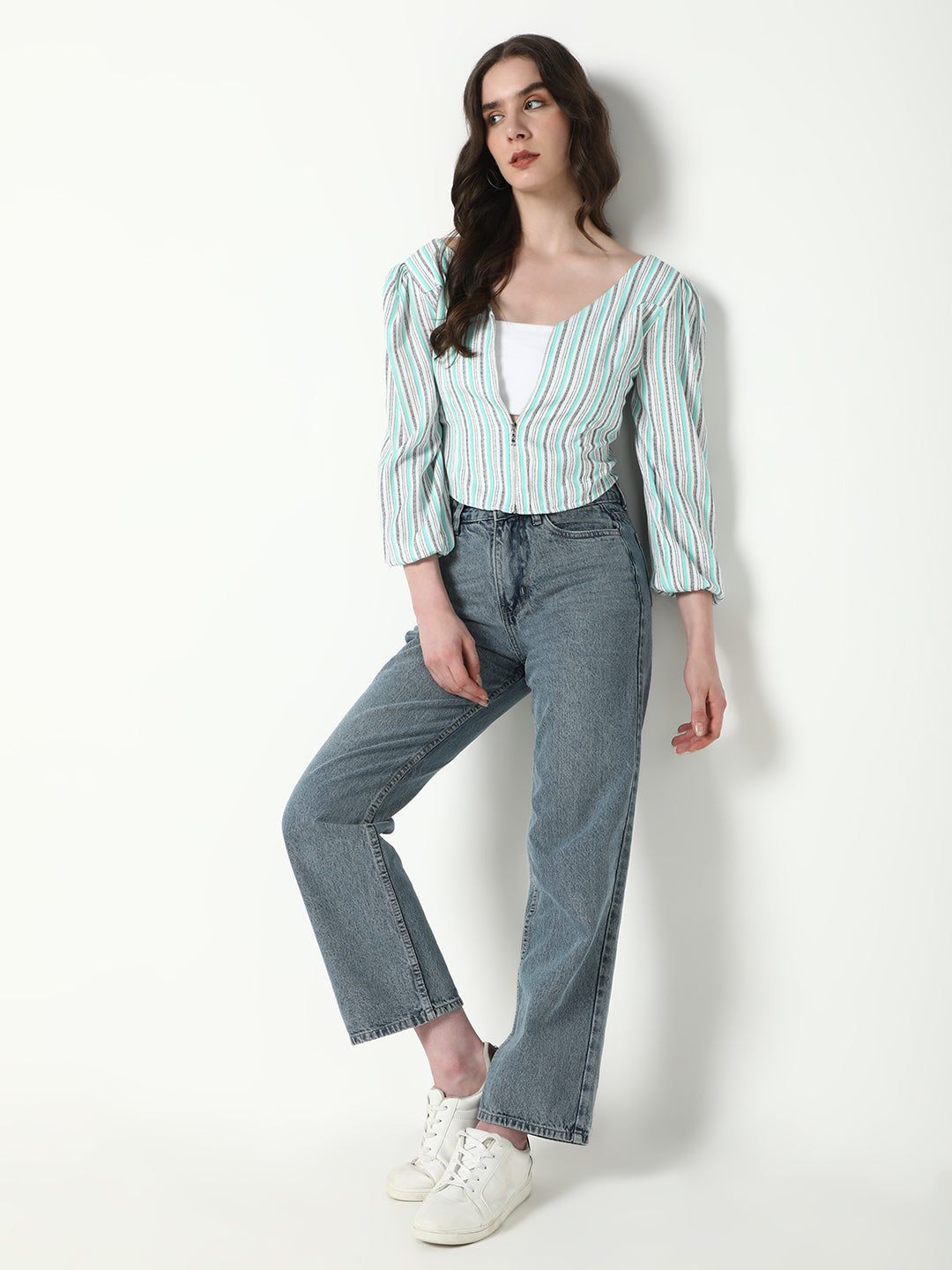 Women's Green Striped Puff Sleeve Crop Top