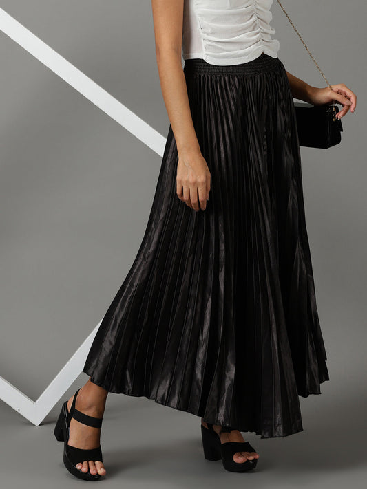 Women's Black Accordion Pleated Flared Maxi Skirt