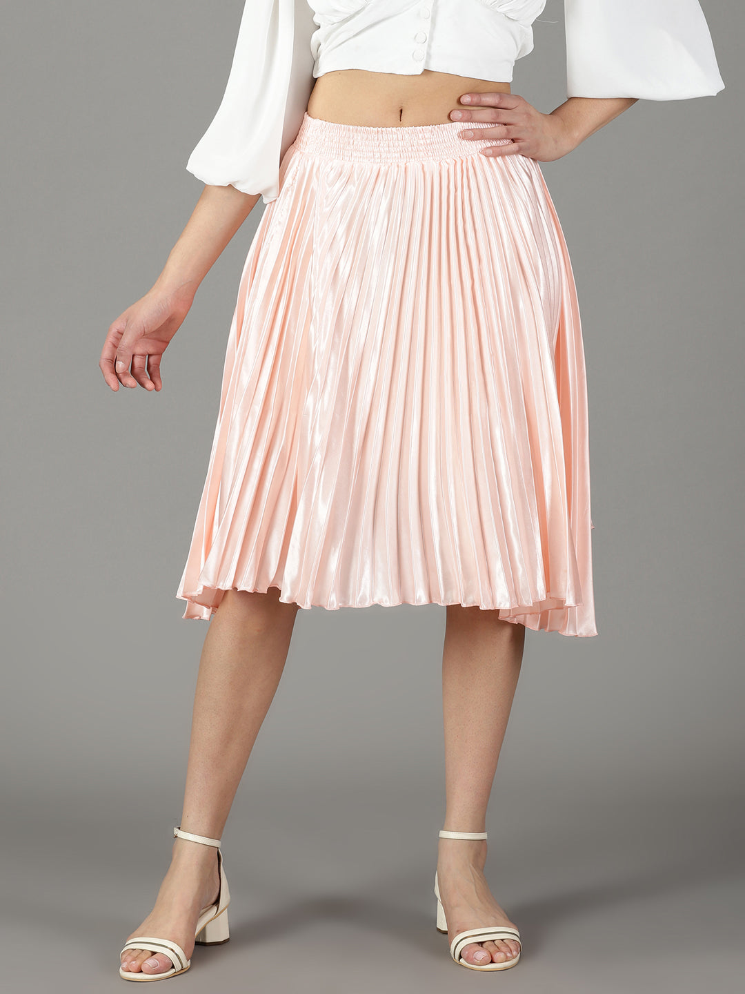 Women's Peach Accordion Pleated Flared Satin Skirt