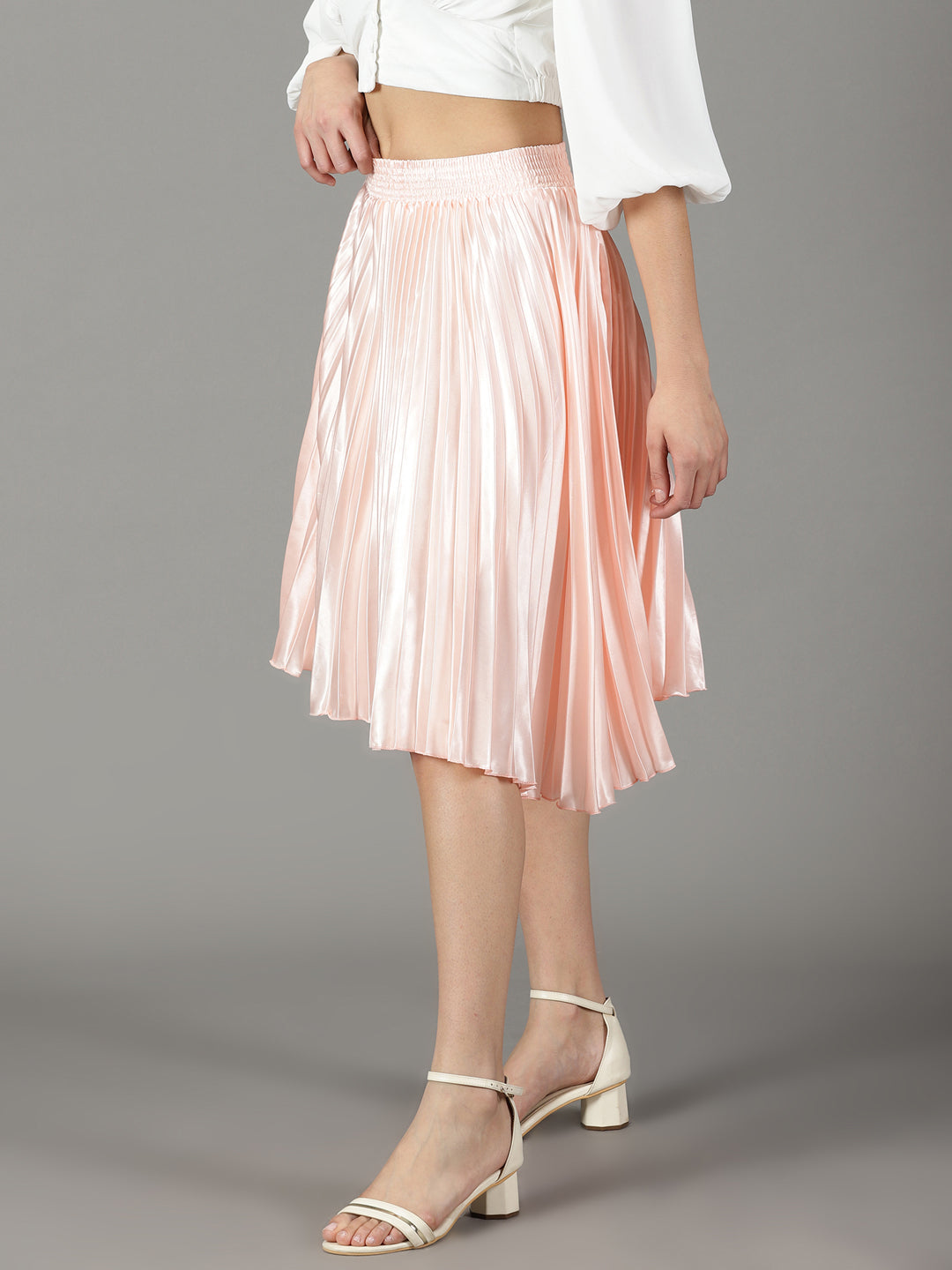 Women's Peach Accordion Pleated Flared Satin Skirt