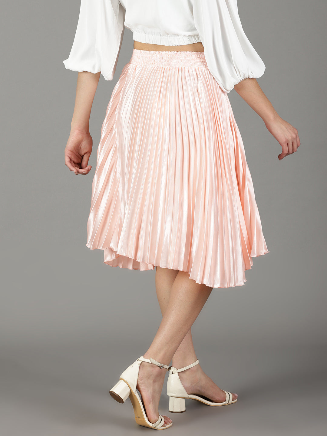 Women's Peach Accordion Pleated Flared Satin Skirt