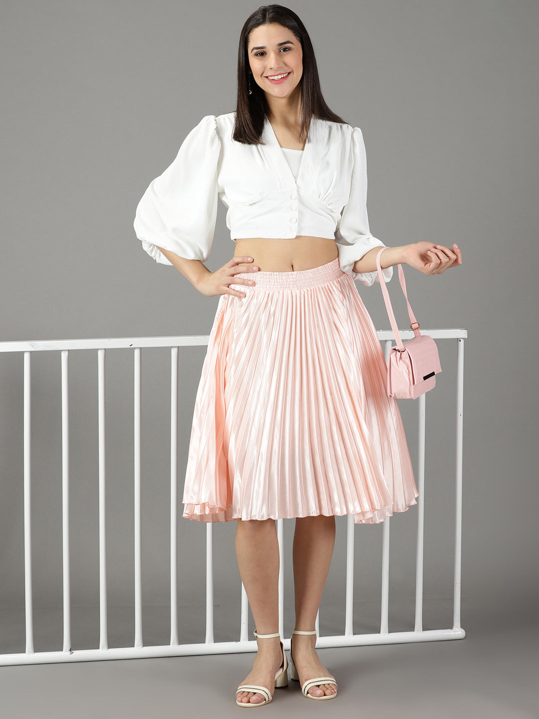 Women's Peach Accordion Pleated Flared Satin Skirt