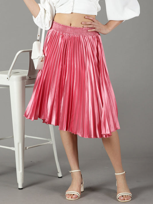 Women's Pink Accordion Pleated Satin Flared Knee Length Skirt