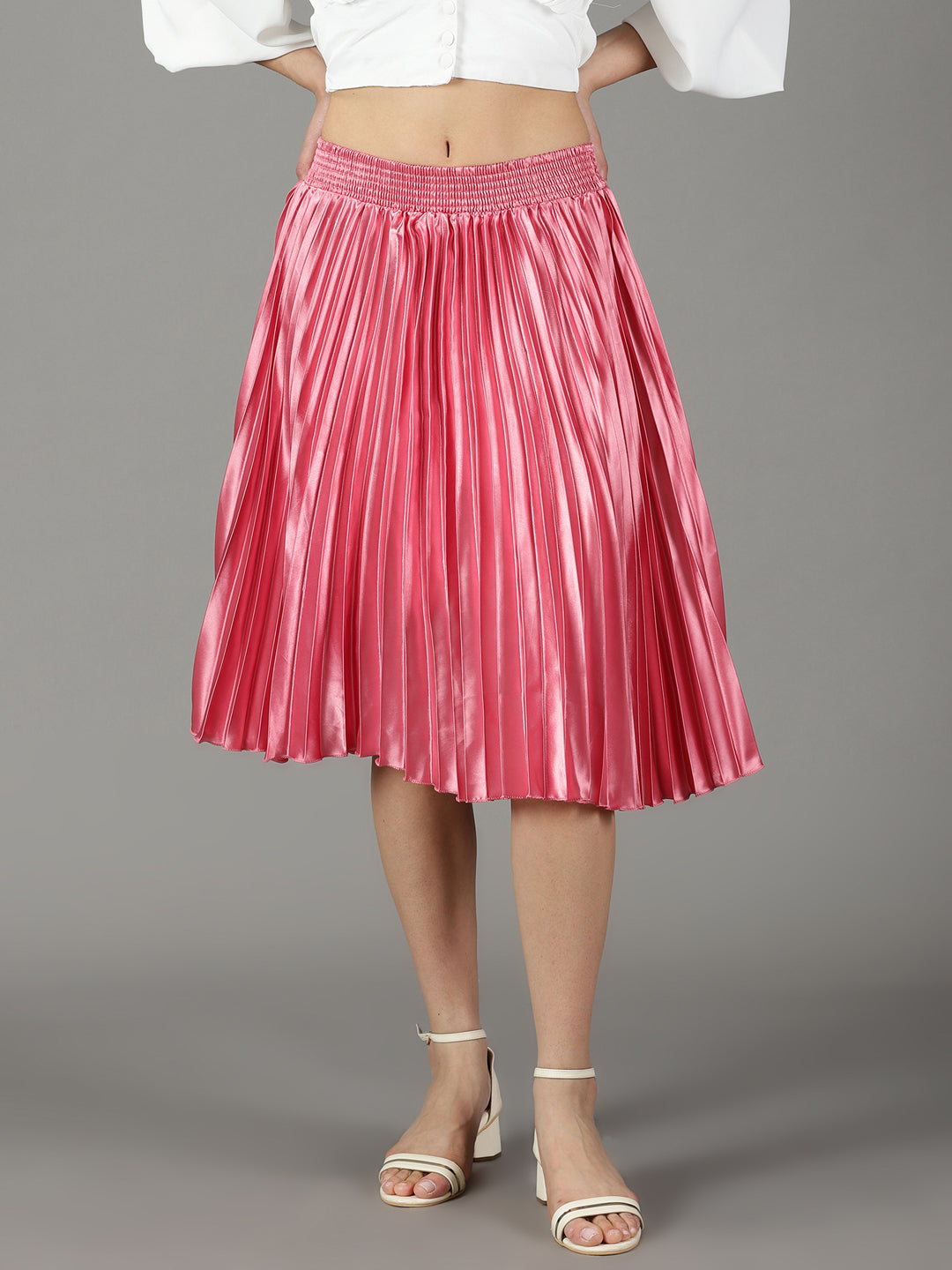 Women's Pink Accordion Pleated Satin Flared Knee Length Skirt