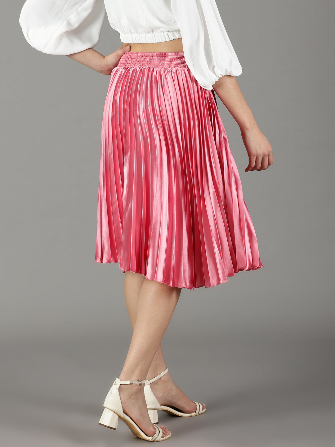 Women's Pink Accordion Pleated Satin Flared Knee Length Skirt