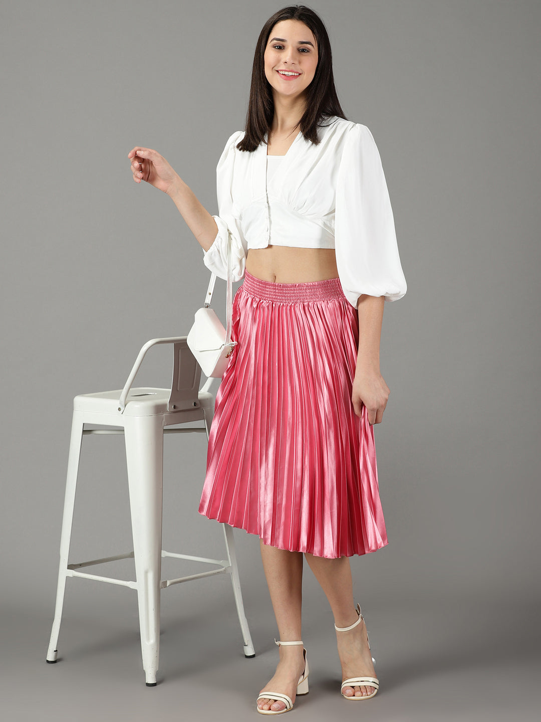 Women's Pink Accordion Pleated Satin Flared Knee Length Skirt
