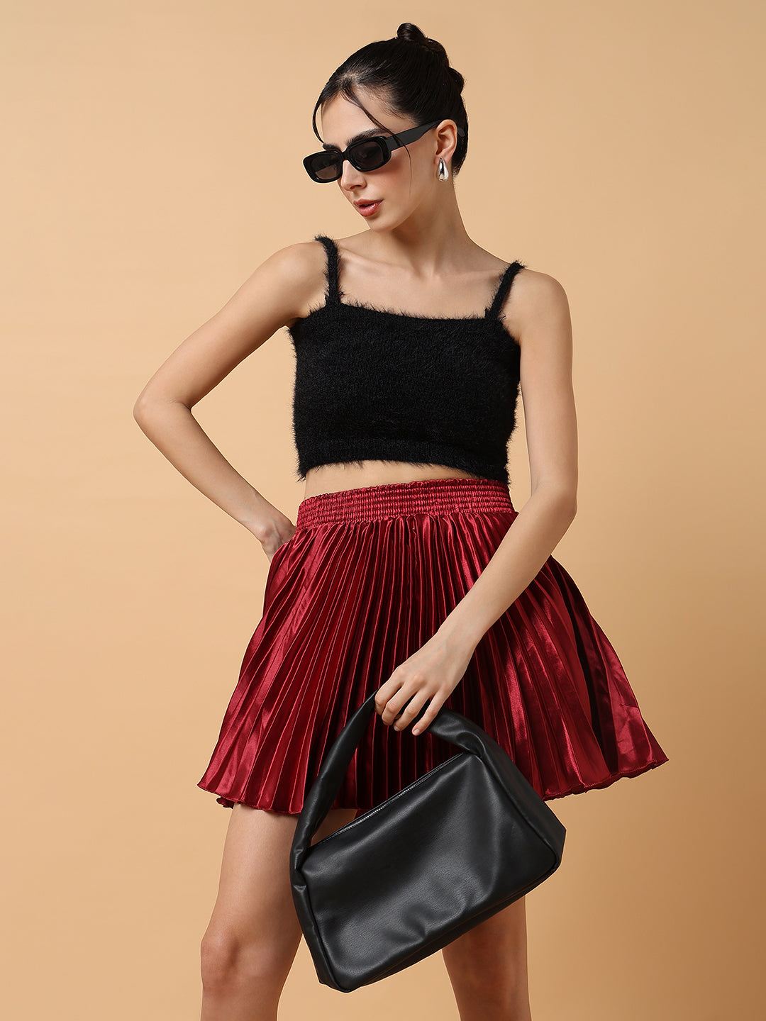 Women's Maroon Solid Mini Flared Skirt