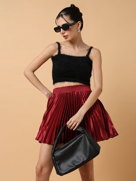 Women's Maroon Solid Mini Flared Skirt
