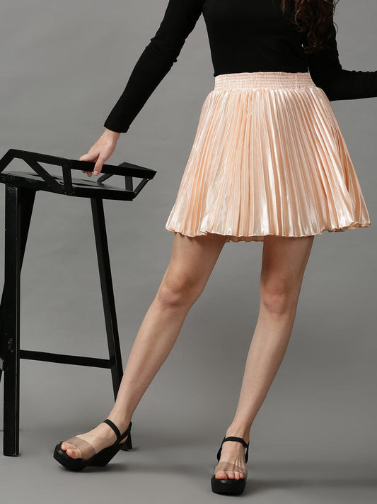 Women's Peach Solid Flared Mini Skirt