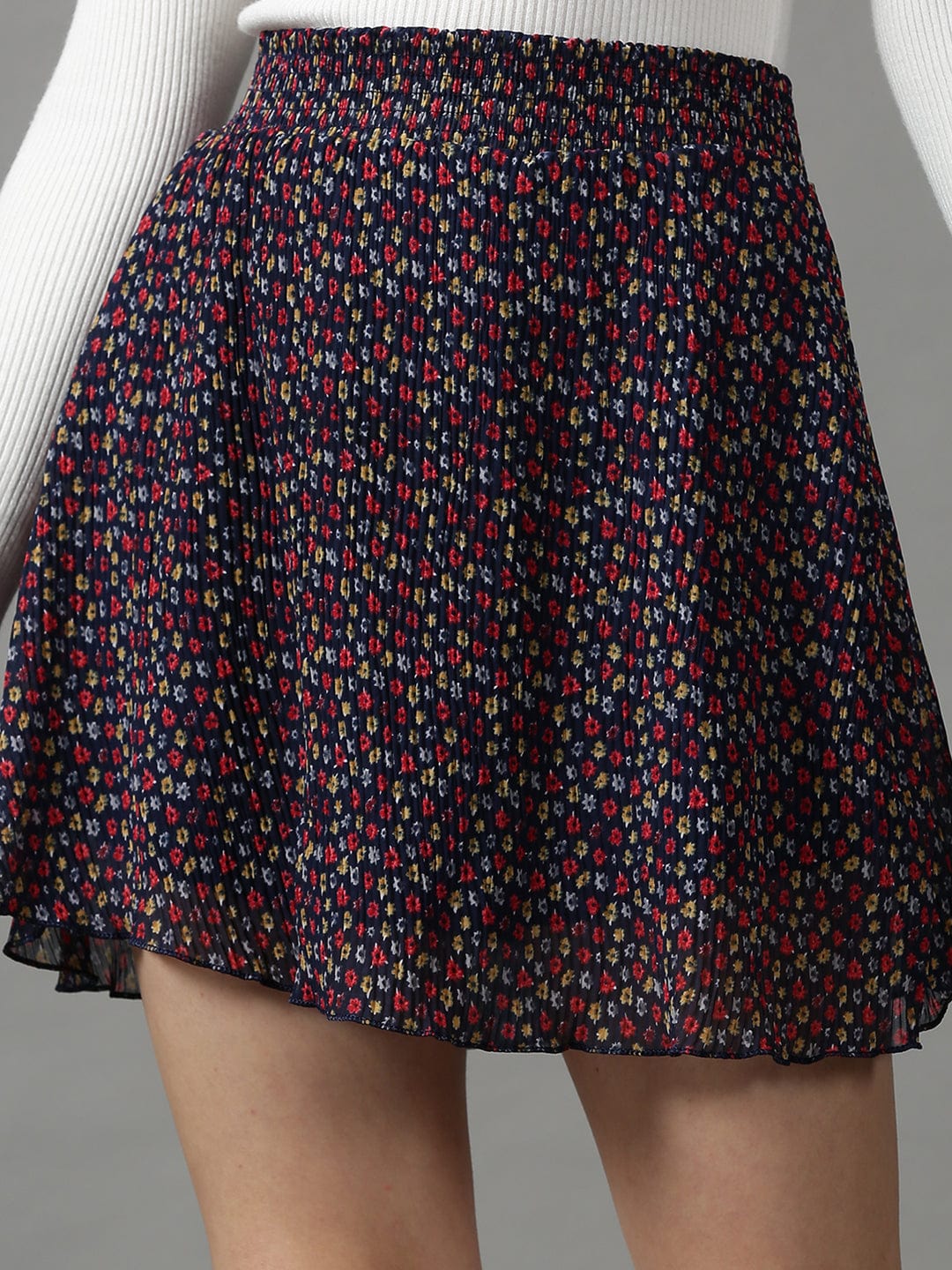 Women's Navy Blue Printed Flared Mini Skirt