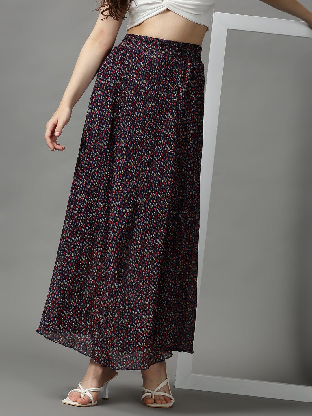 Women's Navy Blue Floral Printed Flared Maxi Skirt