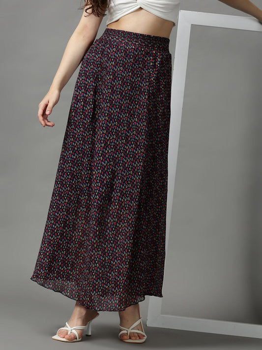 Women's Navy Blue Floral Printed Flared Maxi Skirt