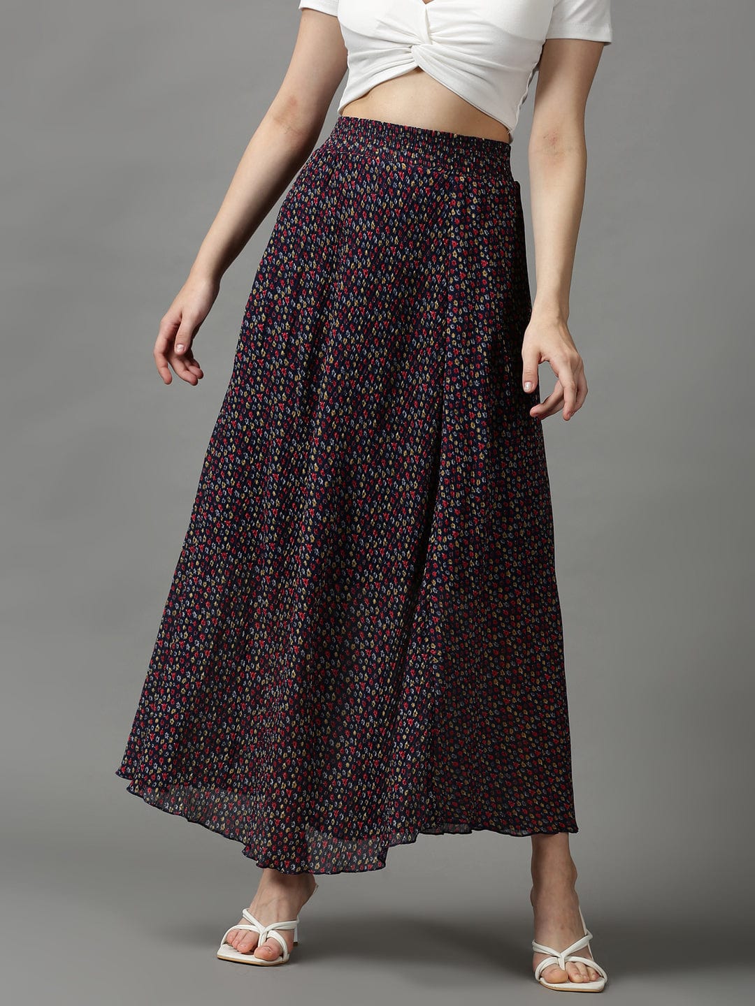 Women's Navy Blue Floral Printed Flared Maxi Skirt