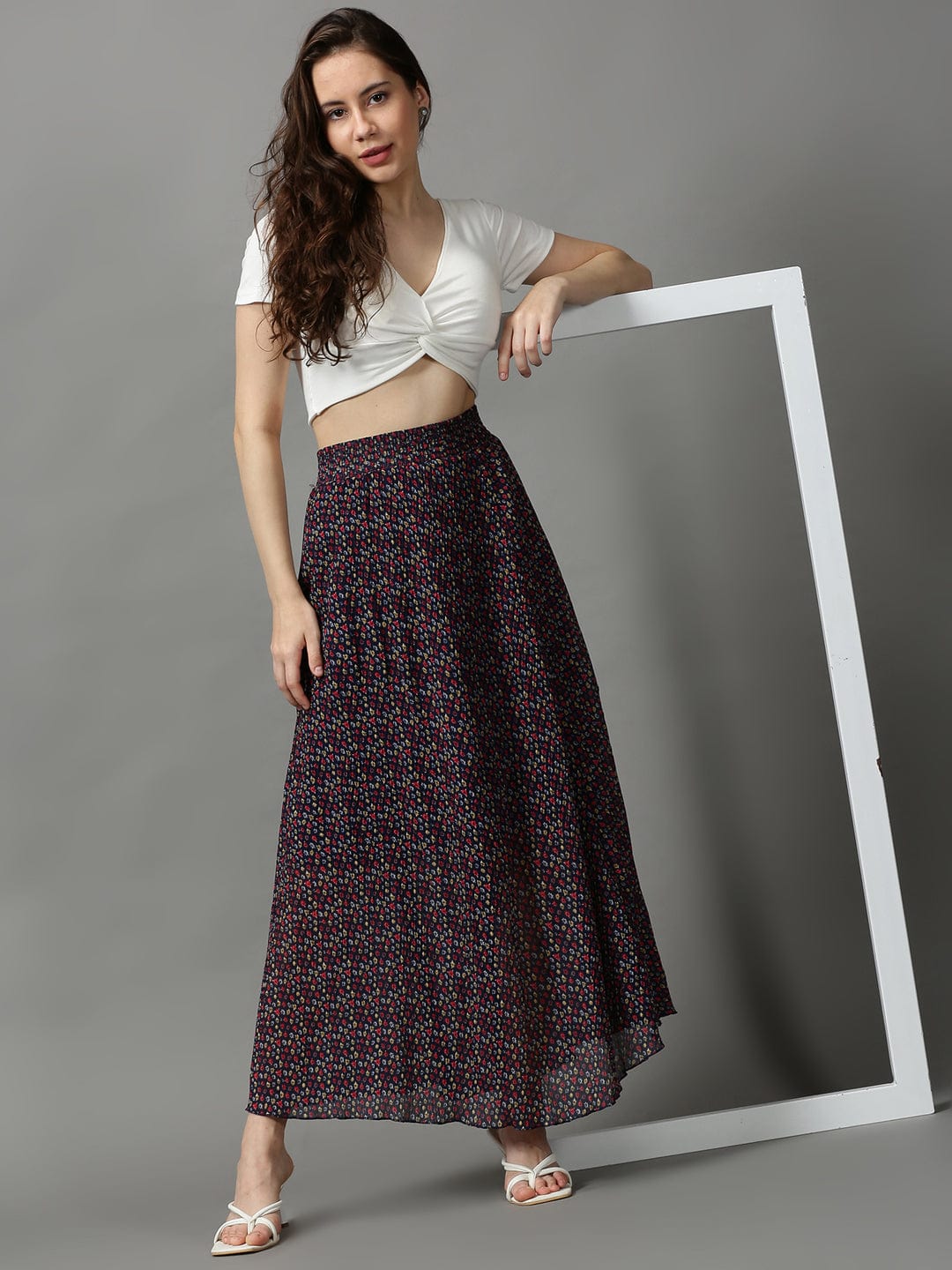 Women's Navy Blue Floral Printed Flared Maxi Skirt