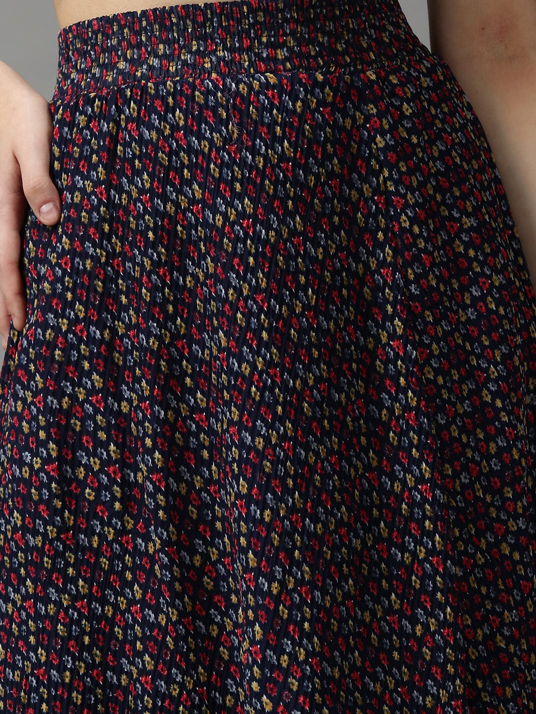 Women's Navy Blue Floral Printed Flared Maxi Skirt