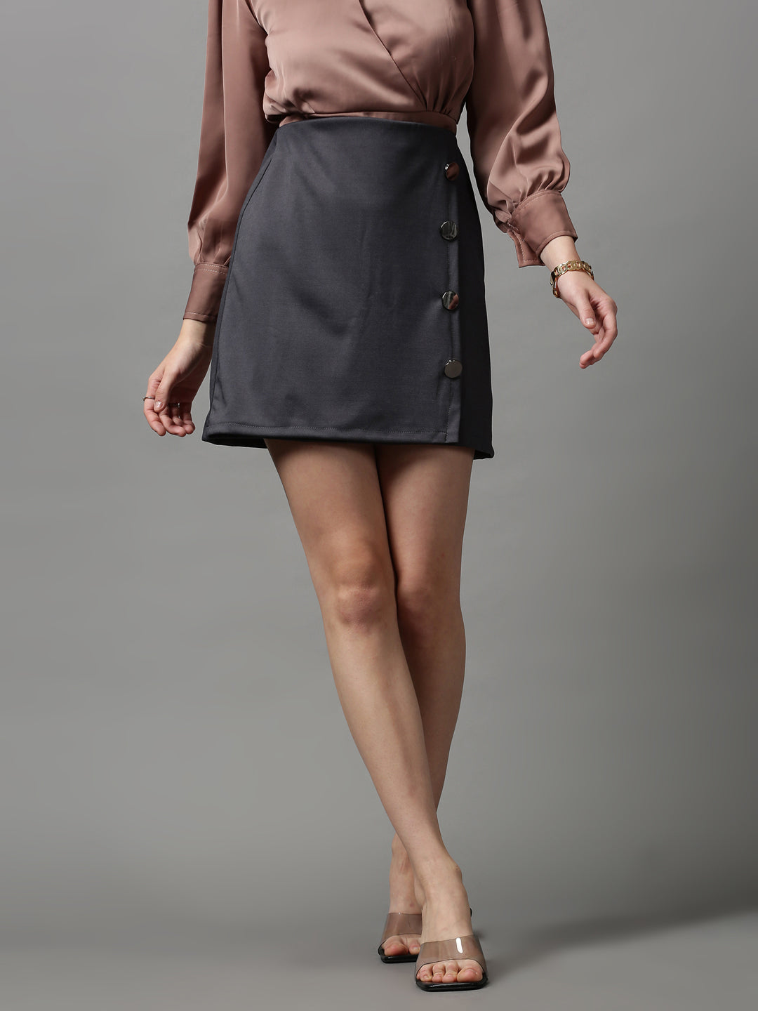 Women's Grey Solid Mini A-Line Skirts