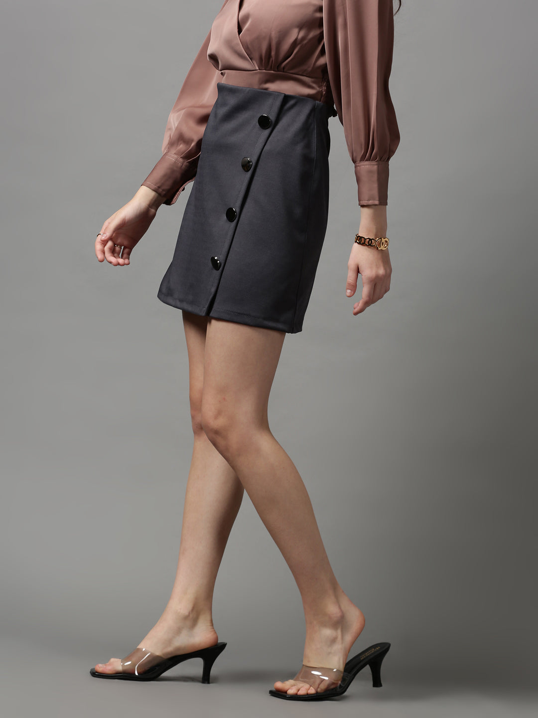 Women's Grey Solid Mini A-Line Skirts