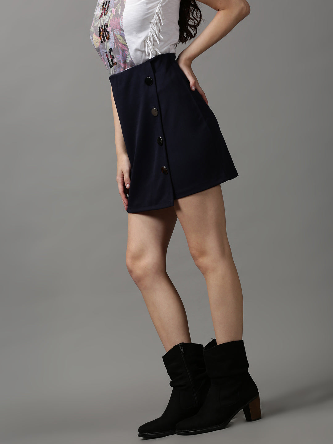 Women's Navy Blue Solid Mini A-Line Skirt