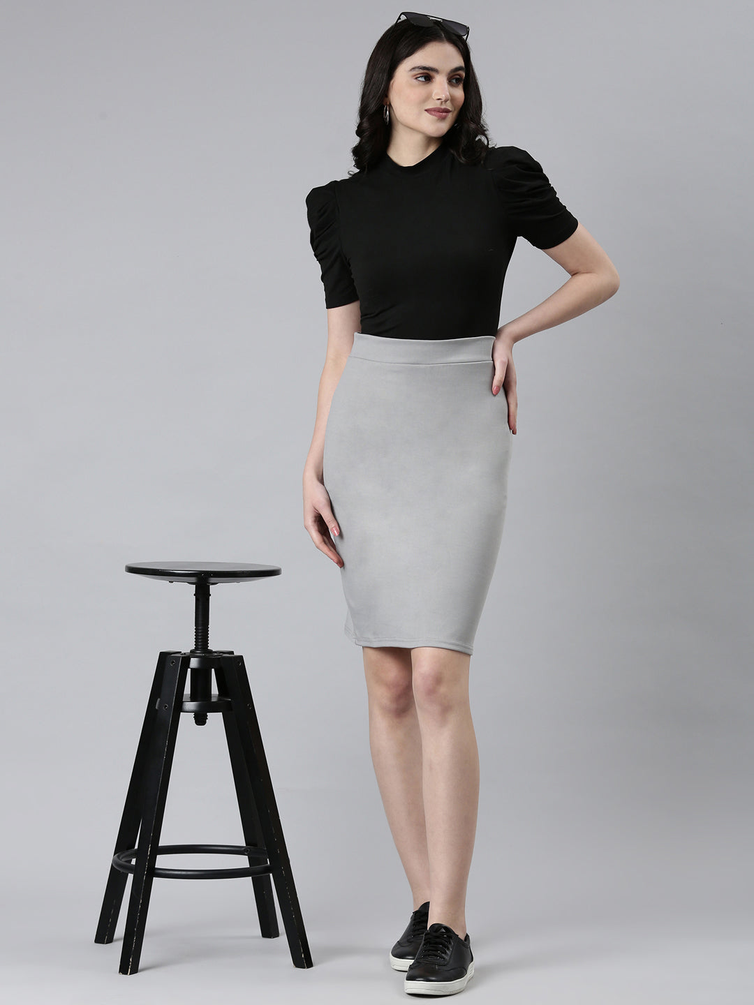 Women's Grey Knee Length Pencil Skirt