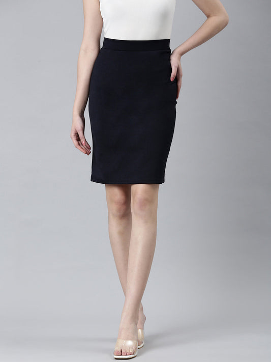 Women's Navy Blue Above Knee-Length Pencil Skirt