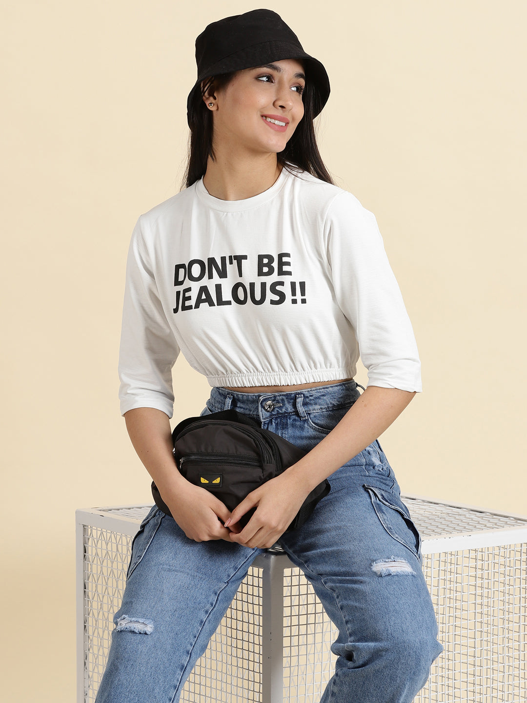 Women's White Typography Printed Cinched Waist Crop Top
