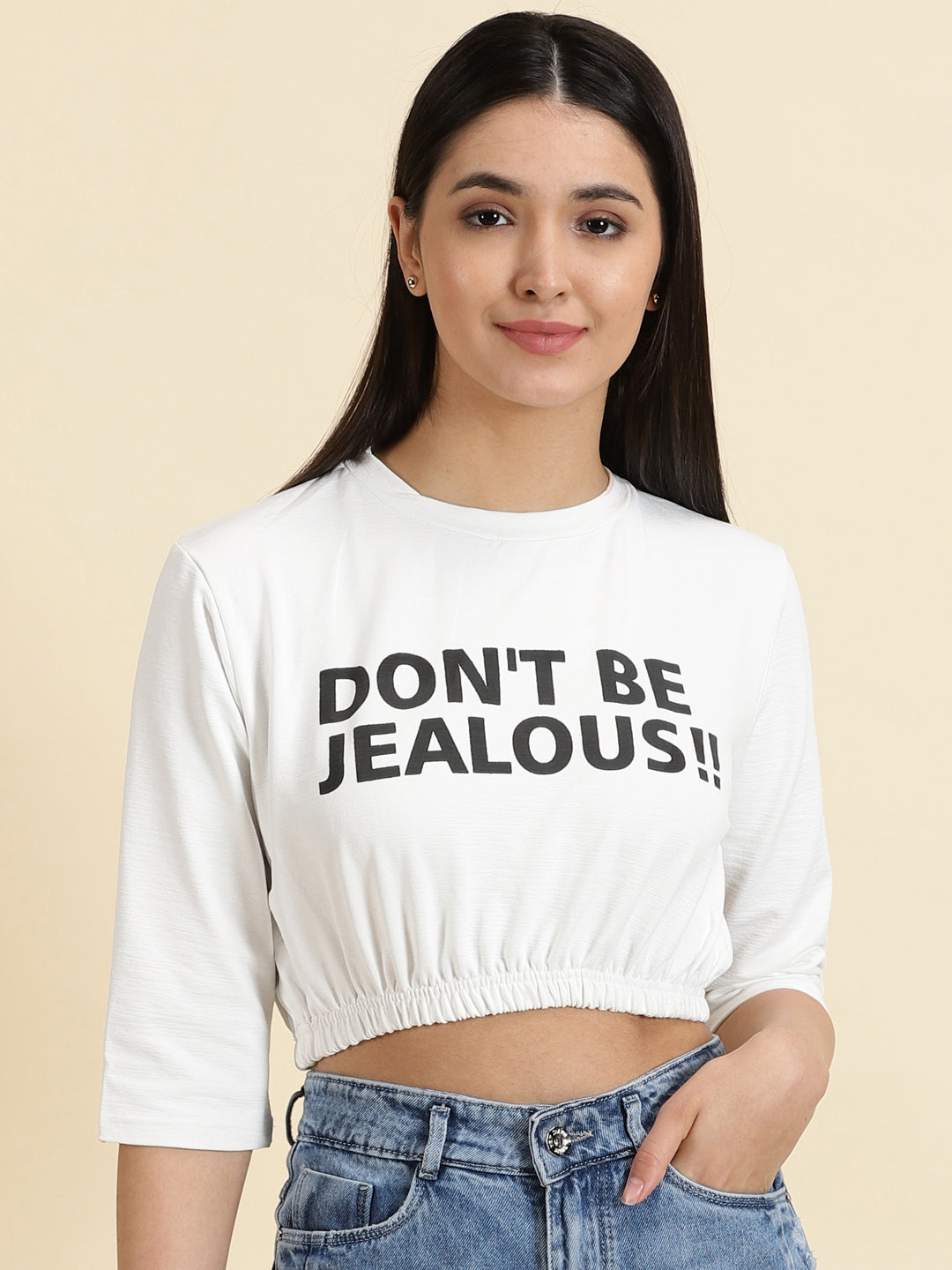 Women's White Typography Printed Cinched Waist Crop Top