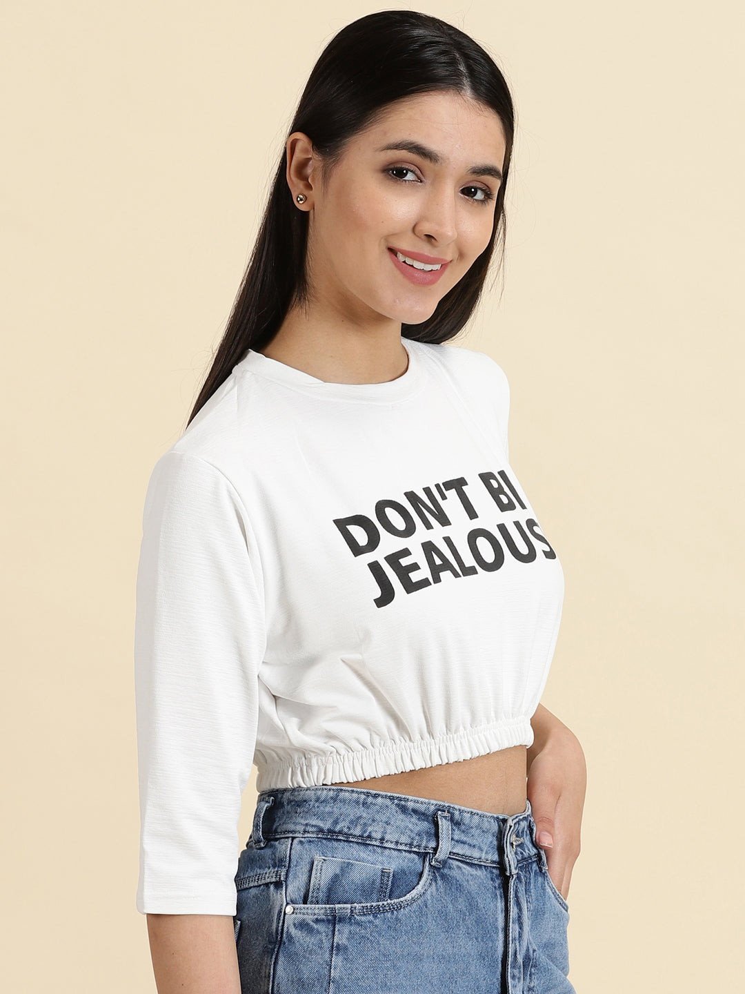 Women's White Typography Printed Cinched Waist Crop Top