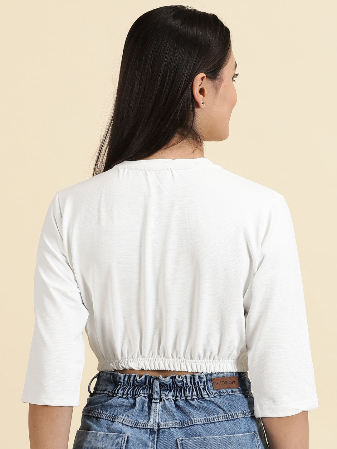 Women's White Typography Printed Cinched Waist Crop Top