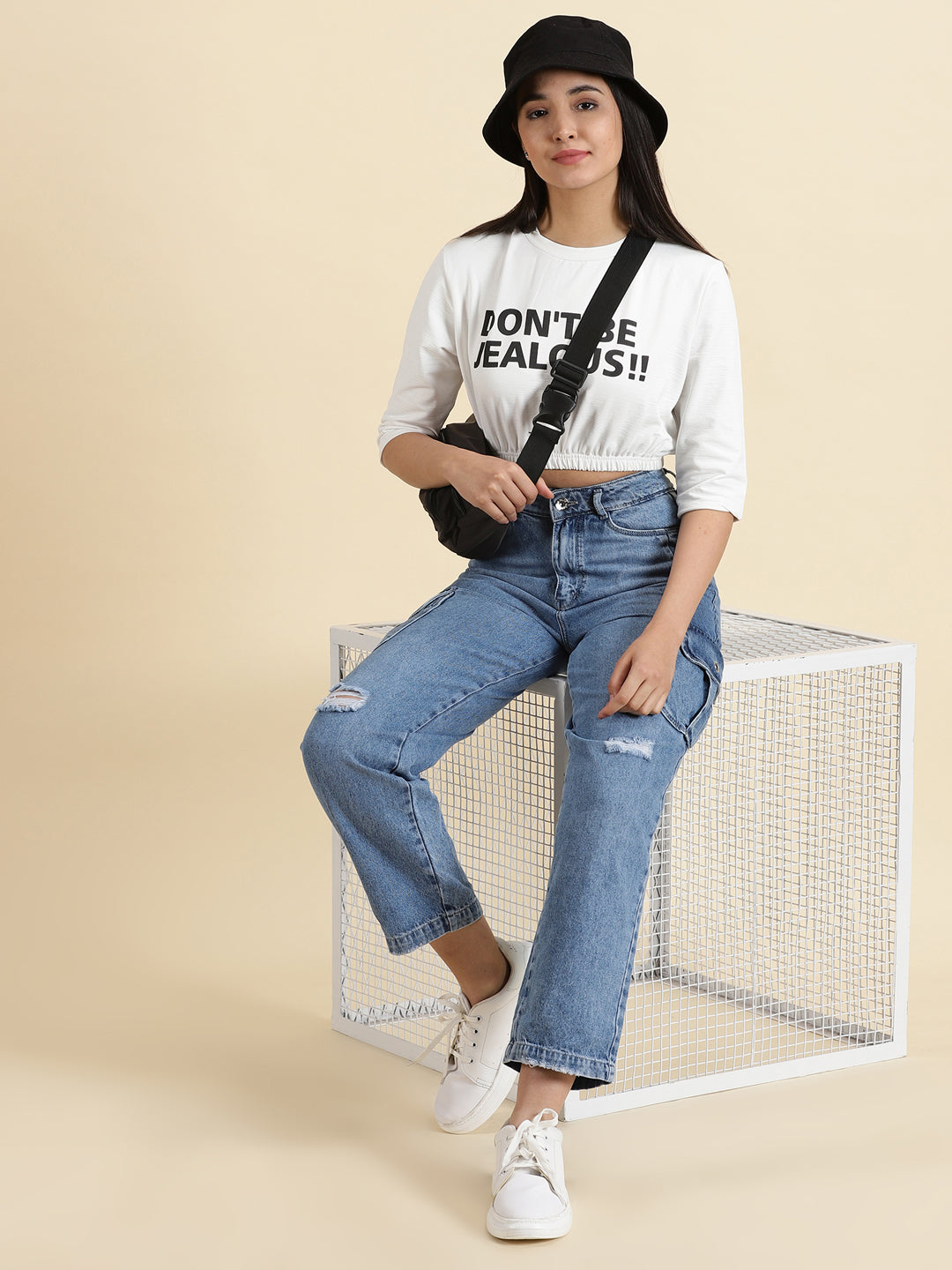 Women's White Typography Printed Cinched Waist Crop Top