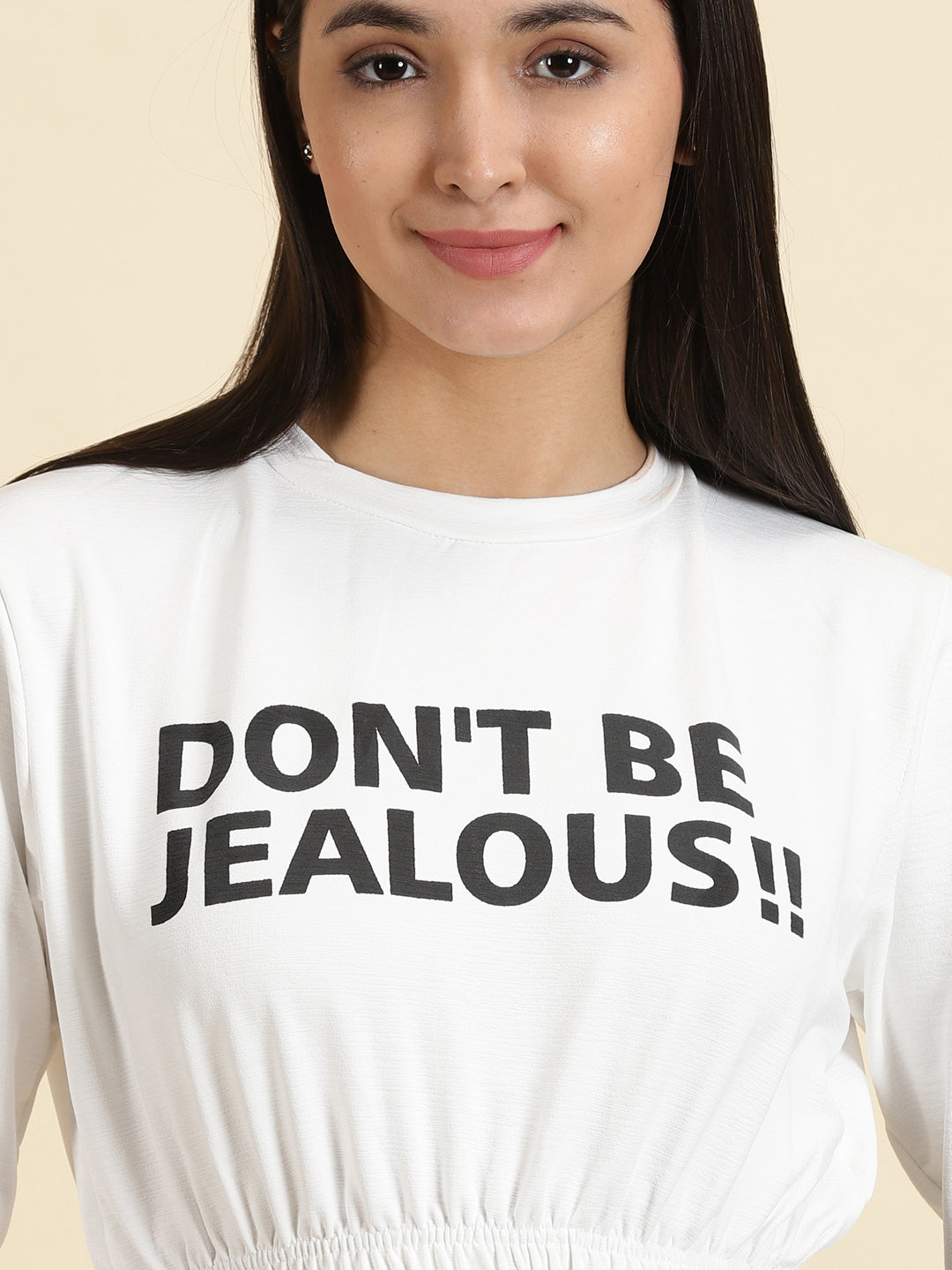 Women's White Typography Printed Cinched Waist Crop Top