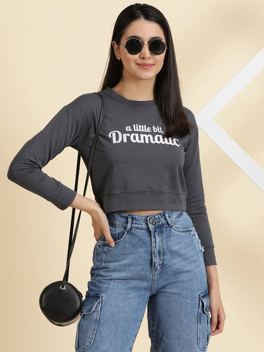 Women's Grey Printed Round Neck Long Sleeves Crop Pullover