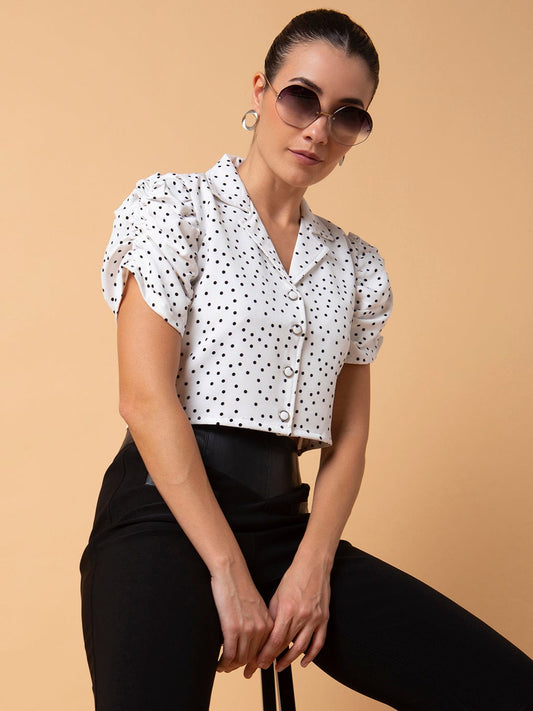 Women's White Polka Dots Printed Lapel Collar Cotton Top