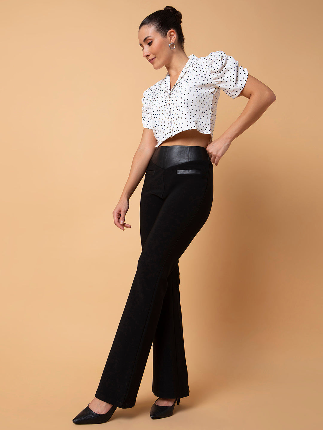 Women's White Polka Dots Printed Lapel Collar Cotton Top
