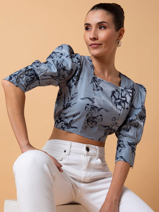 Women's Grey Square Neck Cotton Top