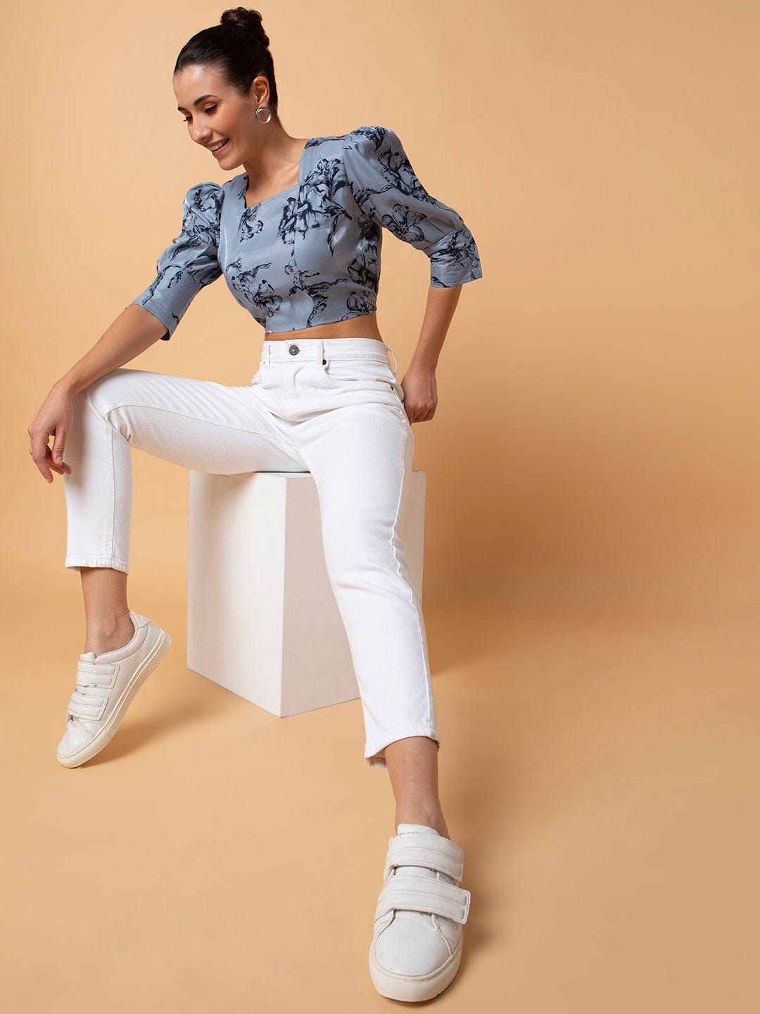 Women's Grey Square Neck Cotton Top