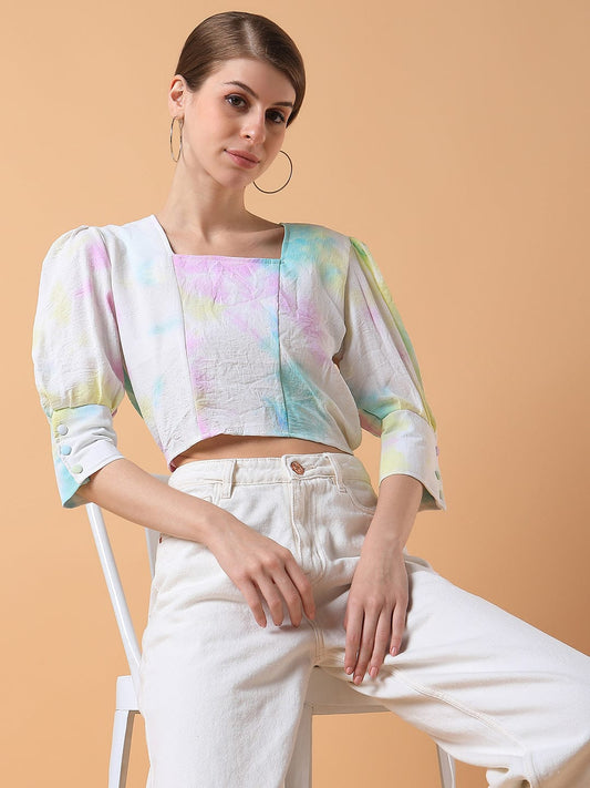 Women's Multi Tie and Dye Abstract Square Neck Cotton Top