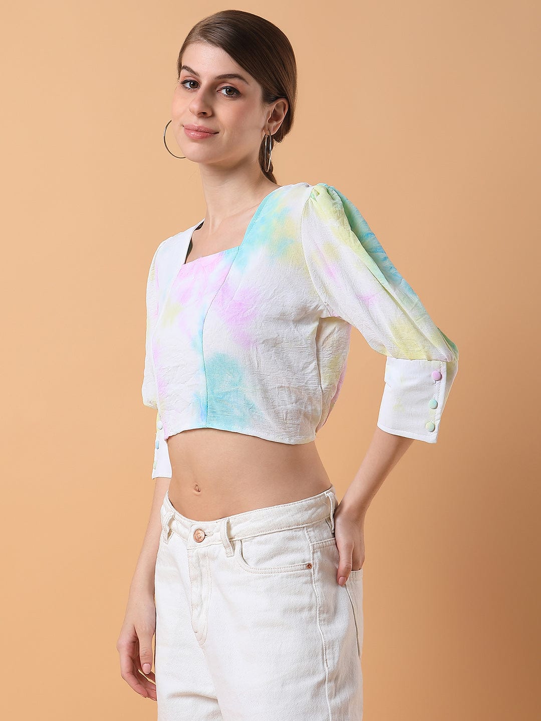 Women's Multi Tie and Dye Abstract Square Neck Cotton Top