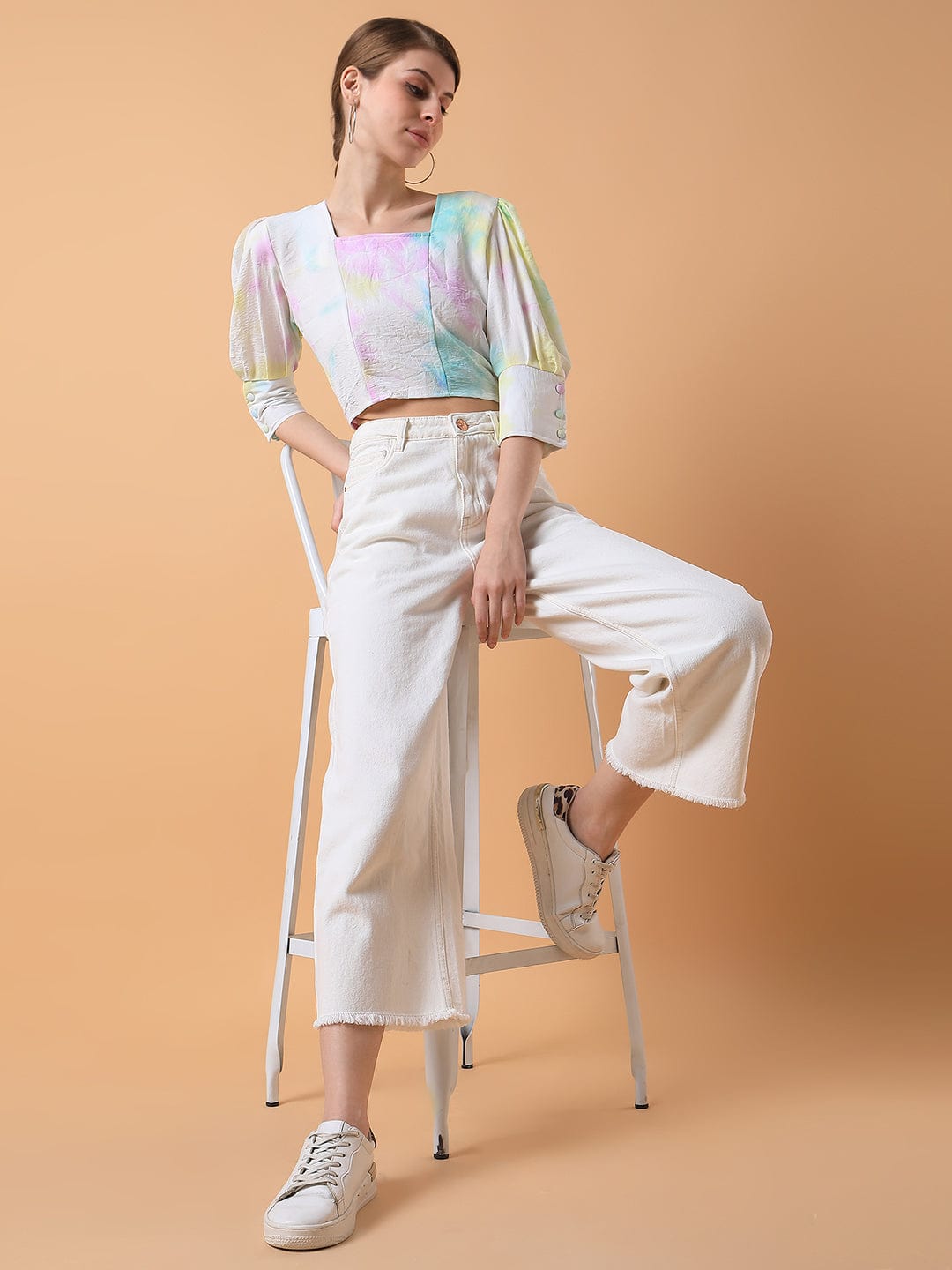 Women's Multi Tie and Dye Abstract Square Neck Cotton Top