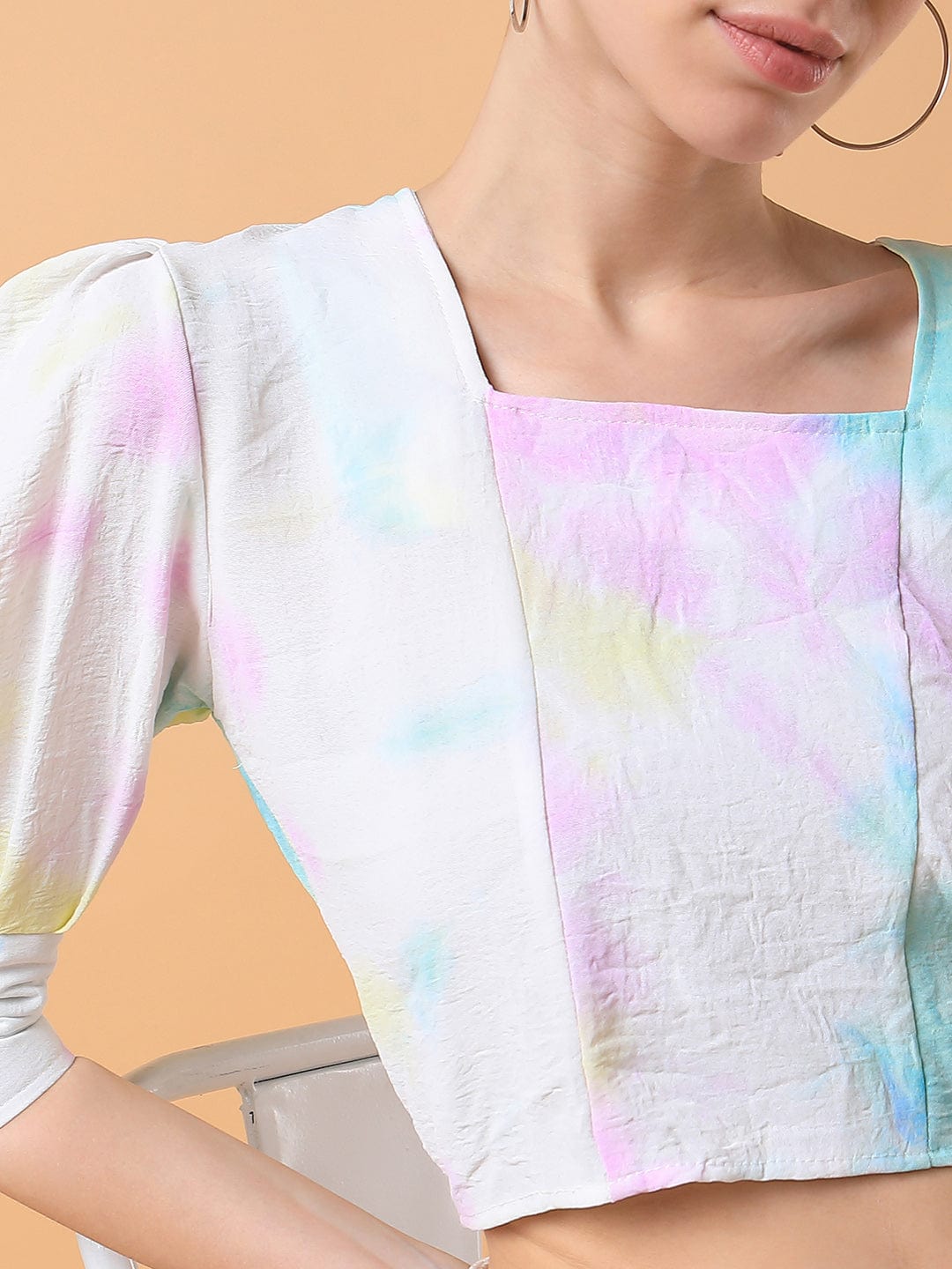 Women's Multi Tie and Dye Abstract Square Neck Cotton Top