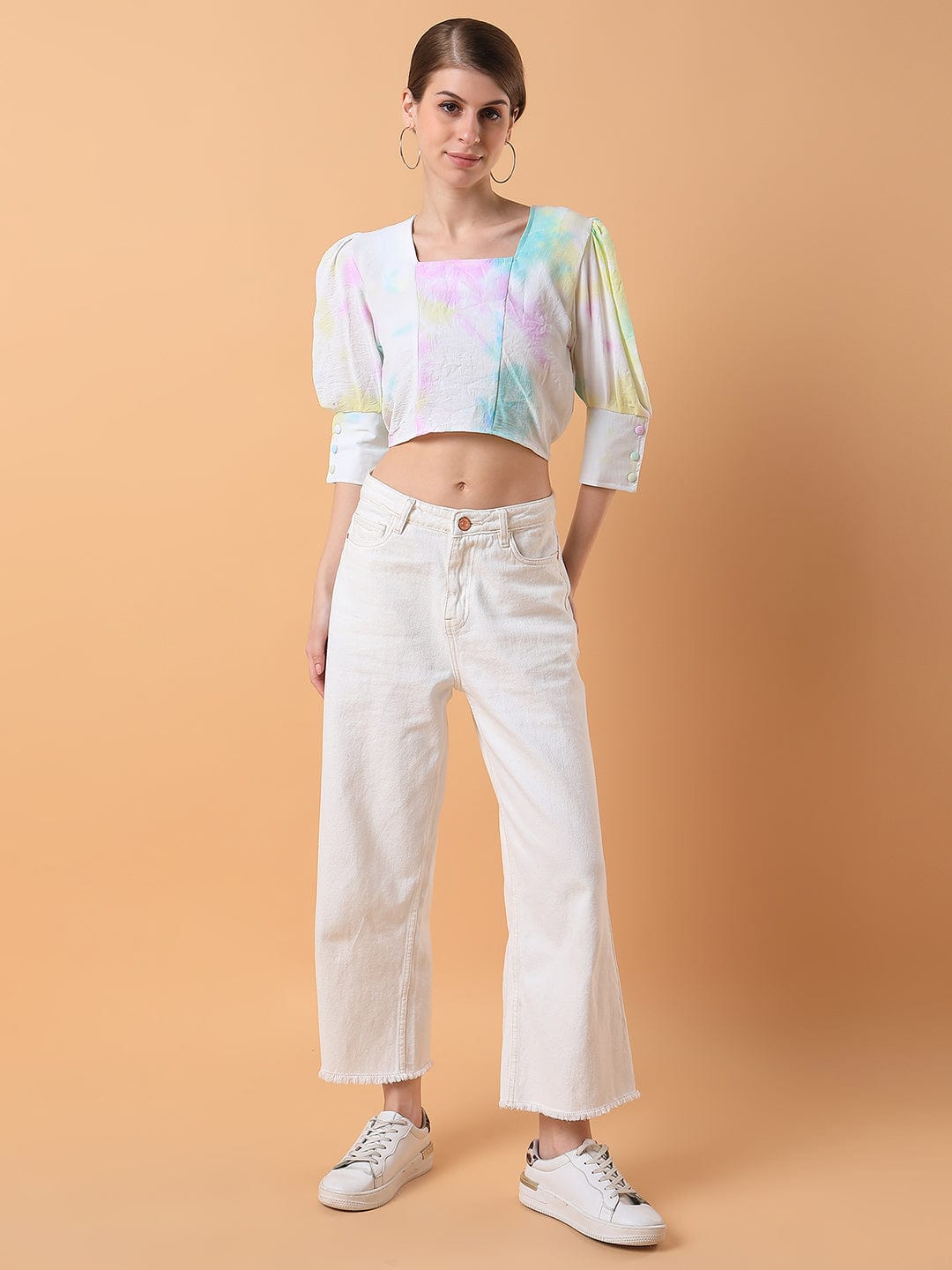 Women's Multi Tie and Dye Abstract Square Neck Cotton Top