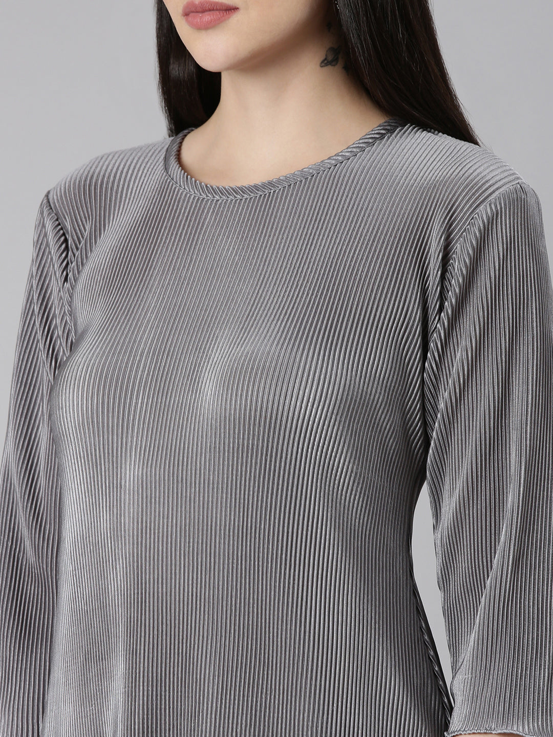 Women's Grey Self Design Satin A-Line Dress