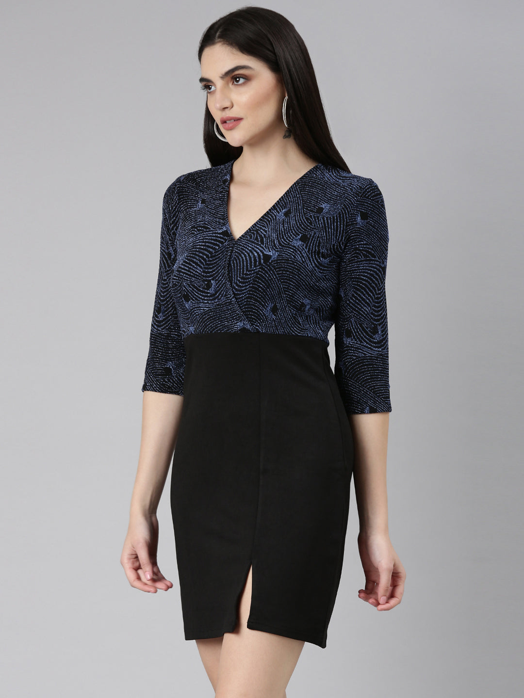 Women's Blue Abstract Printed Embellished V-Neck Sheath Dress