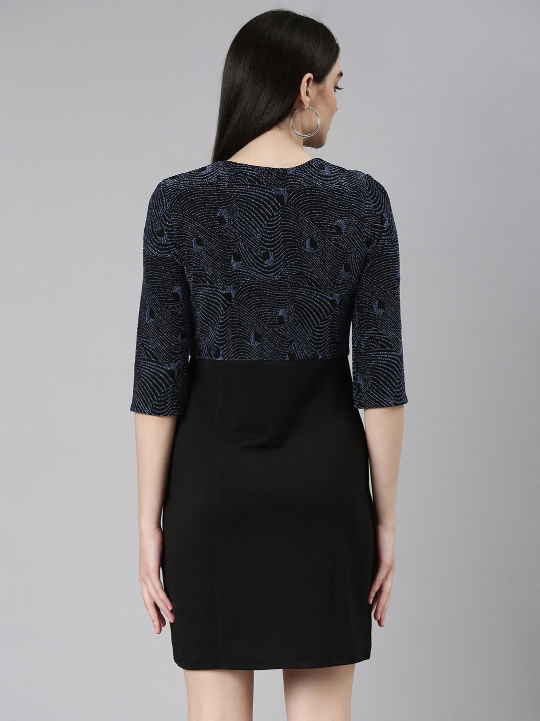 Women's Blue Abstract Printed Embellished V-Neck Sheath Dress
